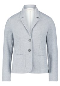 Blazer femme gris clair avec motif en chevron, deux boutons, col à revers et poches plaquées à l'avant.