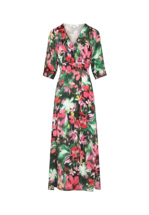 Kvetinové maxi šaty v zelenej a ružovej farbe s výstrihom do V, trojštvrťovými rukávmi, priliehavým pásom a splývavou sukňou s živou potlačou.