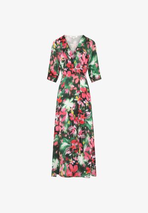 Blumenkleid im Maxiformat in Grün und Pink mit V-Ausschnitt, dreiviertellangen Ärmeln, taillierter Taille und fließendem Rock, der mit einem lebhaften Muster versehen ist.