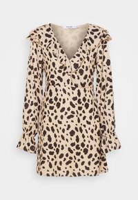 Beige mini-jurk met lange mouwen en zwarte onregelmatige stippen, V-hals met ruffles en gerimpelde boorden.