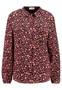 Chemise noire à boutons avec un imprimé léopard vibrant rose et jaune. Comprend des manches longues et deux poches poitrine. Texture de tissu douce.