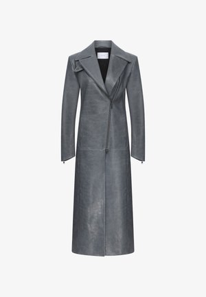 Gray leather coat with a long design, notched collar, asymmetrical zipper, and long sleeves, featuring a smooth texture and minimalist style.