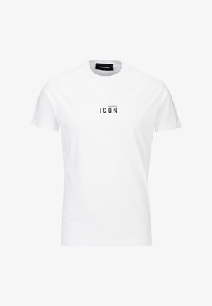 Witte katoenen T-shirt met ronde hals en korte mouwen, met een zwart gedrukt logo "ICON" op de borst. Eenvoudig ontwerp, zachte textuur.