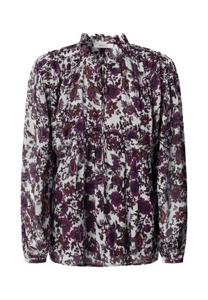 Blusa a maniche lunghe in tessuto leggero con base bianca, caratterizzata da un motivo floreale viola, scollo arricciato e vita raccolta.