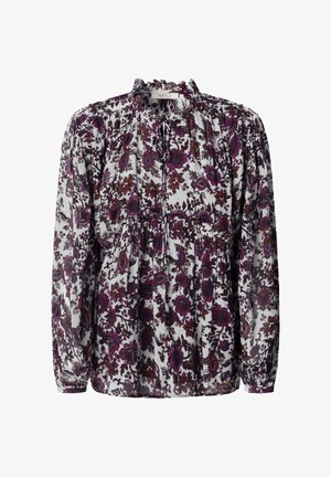 Blouse met lange mouwen van lichtgewicht stof met een witte basis, voorzien van een paars bloemenpatroon, ruches bij de halslijn en een geplooide taille.