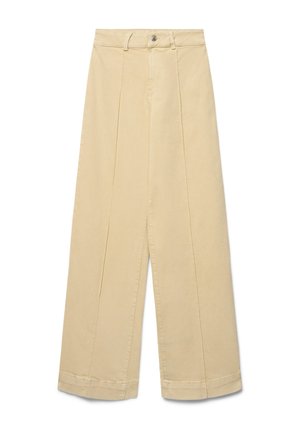 Pantalon beige à jambes larges, taille haute, bouton devant, coutures visibles et passants de ceinture sur fond blanc.