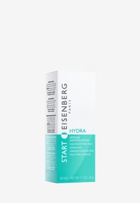 Emballage en boîte blanc et turquoise pour les soins de la peau EISENBERG Paris, étiqueté "HYDRA," offrant des détails anti-pollution, taille de 50 ml.