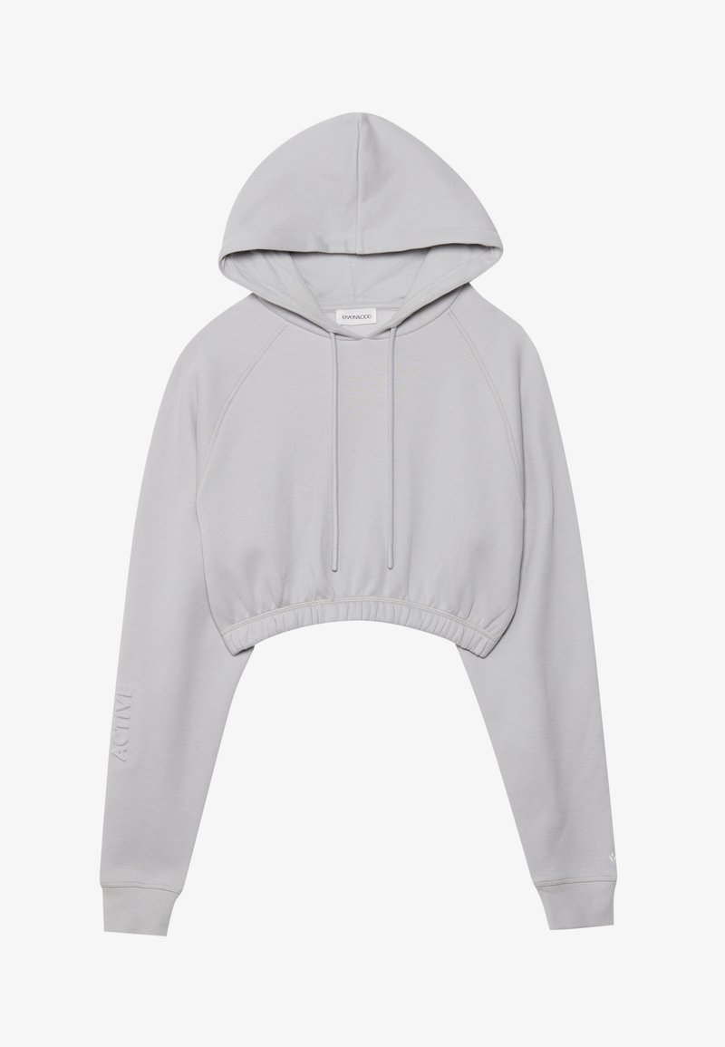 Felpa con cappuccio corta grigio chiaro, con cappuccio regolabile con coulisse, maniche raglan, orlo a costine e scritta "ACTIVE" su una manica.