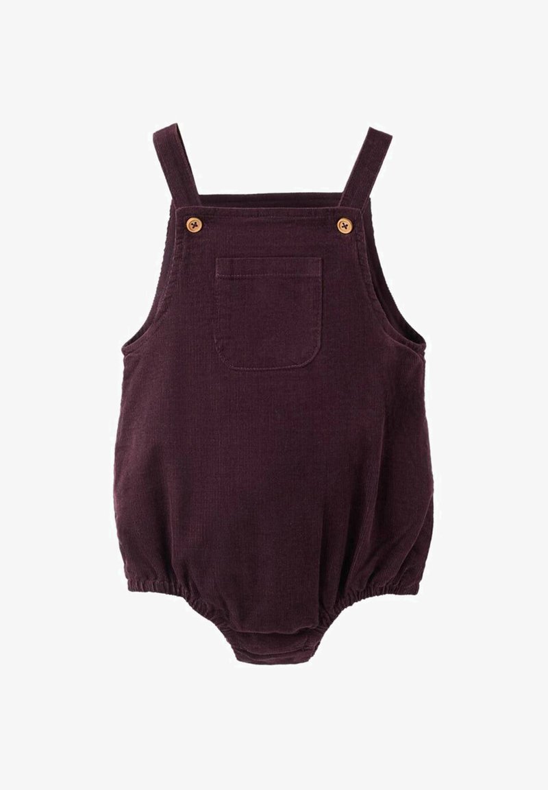 Bordo korduroj rompers s prilagodljivimi naramnicami, lesenimi gumbi in sprednjim žepom. Razširjen spodnji rob za zbrano podobo.