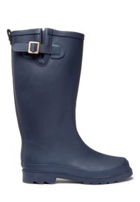 Marine rubber regenlaars met een gestructureerde afwerking, een verstelbare band en gesp detail aan de bovenkant, en een stevige ribbelzool voor grip.