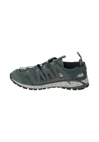 Leichter, grau-grüner Wanderschuh mit Obermaterial aus Mesh, flexibel im Design, Gummisohle, integriertem Schnürsystem und reflektierenden Akzenten.