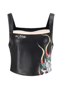 Top corto negro de tirantes hecho de material brillante con un diseño floral en blanco y verde. Presenta una banda beige y un detalle de logo bordado.