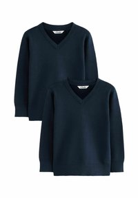 Zwei marineblaue V-Ausschnitt-Pullover aus weichem Stoff. Mit langen Ärmeln, gerippten Bündchen und geripptem Saum. Etikett sichtbar im Nacken.