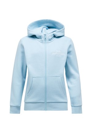 Sweat à capuche zippé bleu clair avec poches avant et capuche, avec le texte "Peak Performance" brodé sur la poitrine gauche.