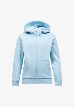 Sweat à capuche zippé bleu clair avec poches avant et capuche, avec le texte "Peak Performance" brodé sur la poitrine gauche.