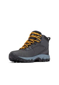 Scarpa da trekking in pelle nera con tomaia texturizzata, lacci arancioni e intersuola blu chiaro con macchie. La suola presenta un resistente disegno del battistrada.