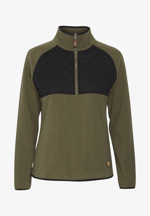 Pullover in pile verde oliva con carrè trapuntato nero e mezzo zip. Presenta un orlo arrotondato e un dettaglio logo in basso a sinistra.