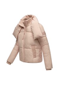Helles rosa gepolstertes Jackett mit hohem Kragen, vorderem Reißverschluss, seitlichen Taschen, gerippten Bündchen und angenähtem, knöpfbarem Schulterlapel.