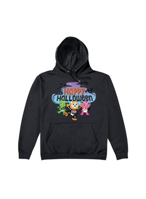 Czarna bluza z kapturem z grafiką przedstawiającą kolorowe postacie z kreskówek oraz napisem "Wesołego Halloween" na purpurowym i czarnym tle.