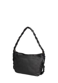 Zwarte leren handtas met een gevlochten schouderband. Glad textuur, rechthoekig lichaam en eenvoudig ontwerp. Geen zichtbare hardware of accenten.