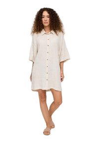 Beige Leinenhemdkleid mit Kragen, kurzen Ärmeln und Knopfleiste vorn. Leicht lockere Passform, knielang ohne sichtbare Muster.