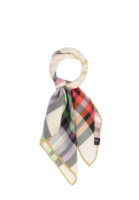 Silkkihuivi, jossa on kerma_core pohja ja monivärinen ruutukuosi, mustia raitoja, kultareunus ja pieni logotunnus.
