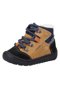 Bruine en zwarte suède enkellaarzen met blauwe textielaccenten, grijzige veters, zilveren hardware, fleece voering en een getextureerde rubberen zool.