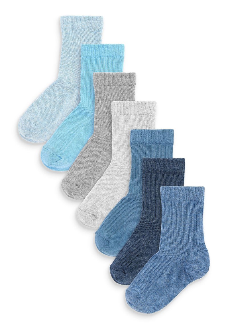 Set di sette calzini in tonalità di blu e grigio. Tessuto a coste, le diverse sfumature includono blu chiaro, blu scuro e grigio. Materiale in cotone.