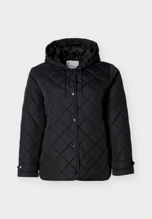 Giacca nera trapuntata con cappuccio, chiusura frontale con bottoni a scatto, coulisse regolabili e tasche laterali. Tessuto liscio con motivo a diamante.