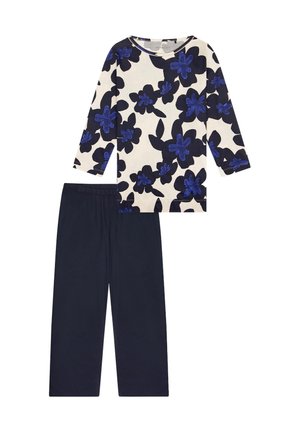 Potiskované tričko s dlouhým rukávem s modrým květinovým vzorem na krémovém pozadí, spárované s tmavě modrými kalhotami s elastickým pasem. Měkká tkanina, volný střih.