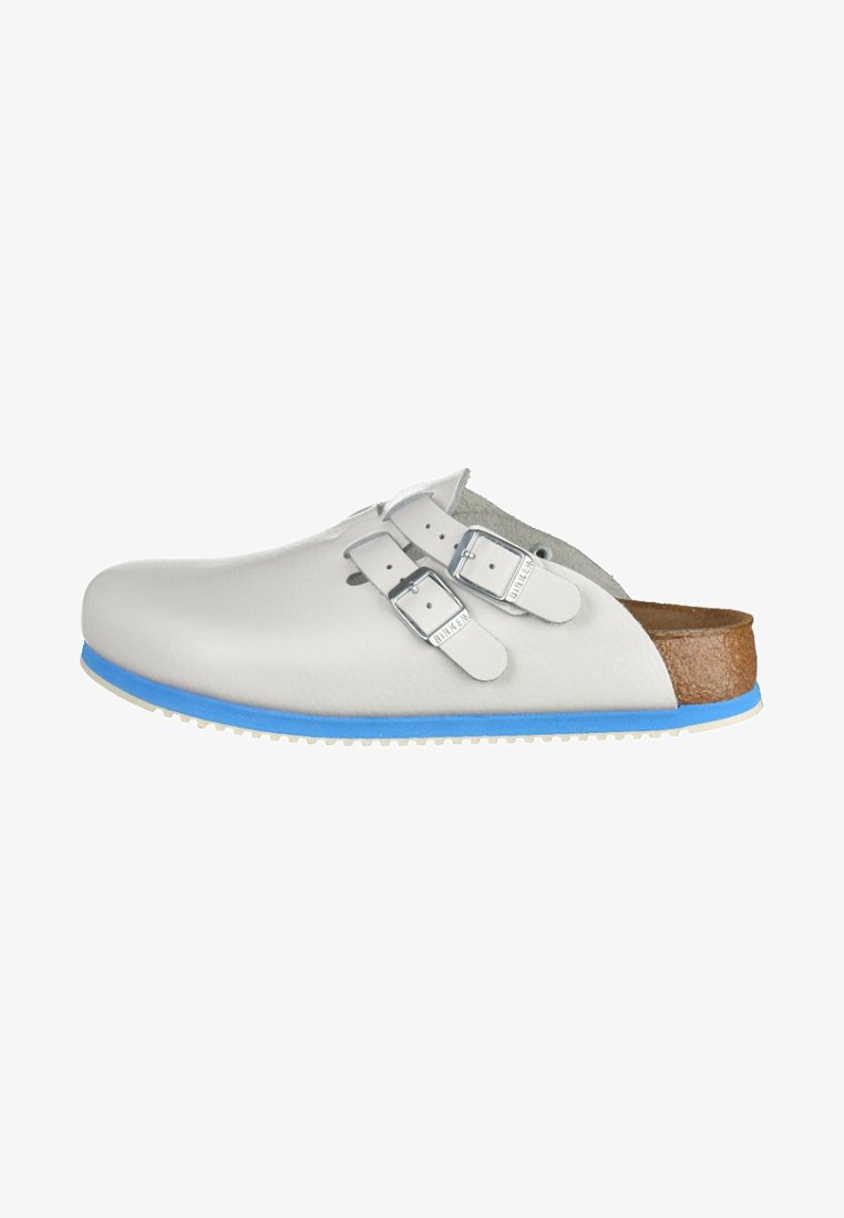 White leather clogs with two adjustable silver buckles, light blue sole, and brown textured footbed. Features a rounded toe and slip-on design.