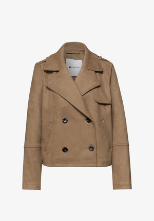 Veste courte en daim marron clair avec larges revers, boutons noirs croisés, poches latérales et épaulettes.