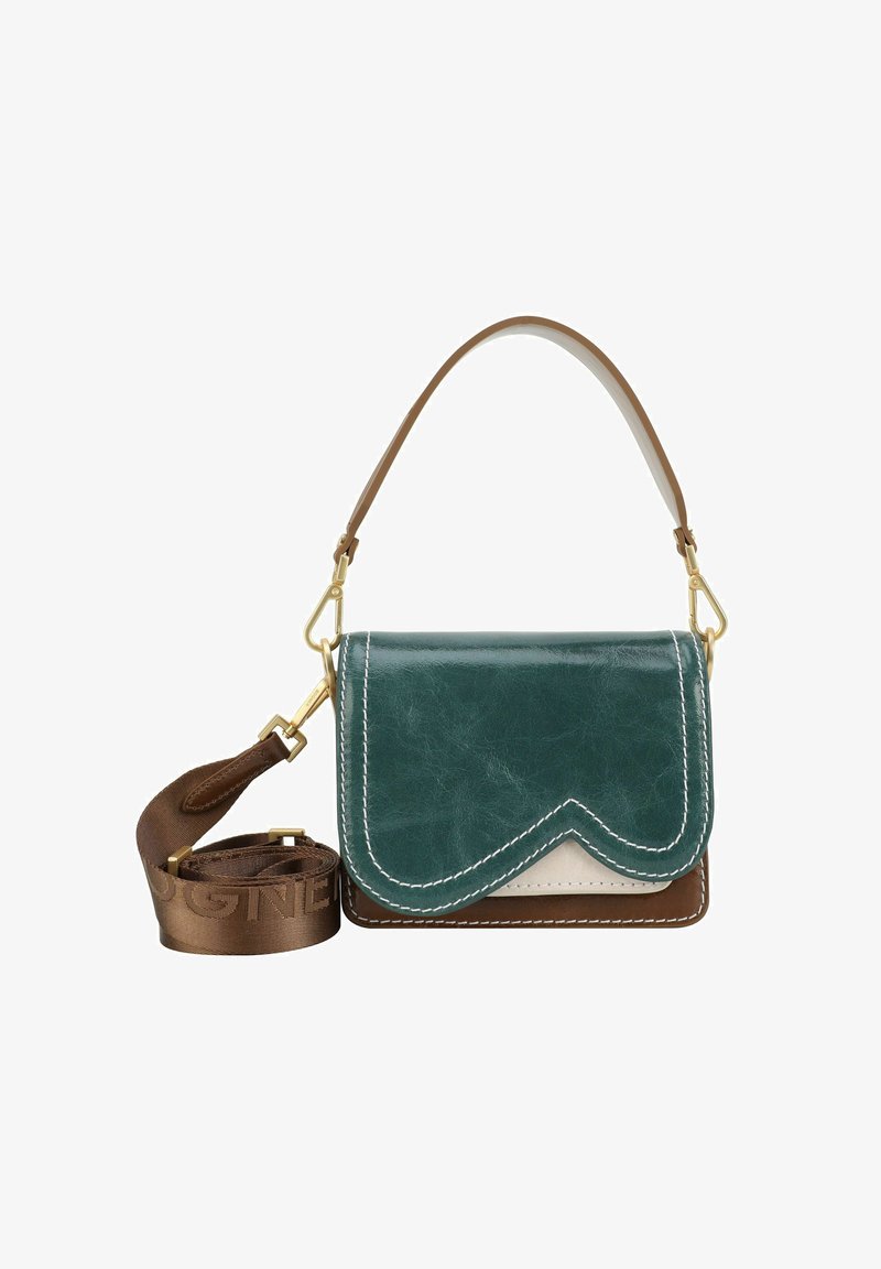 Sac en cuir vert avec un rabat festonné, des accents crème et marron, des éléments en or, et une bandoulière amovible marron avec un texte en relief.