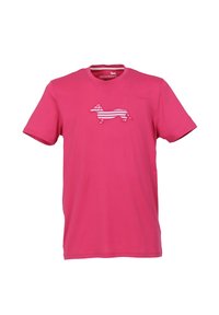 Rosa Baumwoll-T-Shirt mit einem Dackel-Graphic in horizontalen weißen Streifen, Rundhalsausschnitt und kurzen Ärmeln.