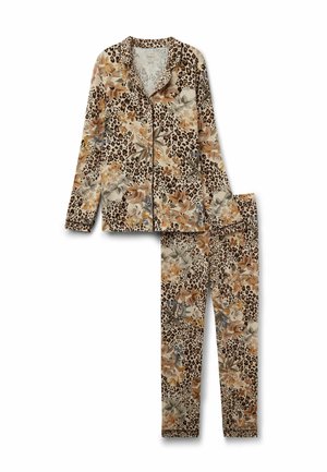 Langærmet skjorte med knapper og matchende bukser med blomstermønster i beige, brunt og gråt samt leopardprint.