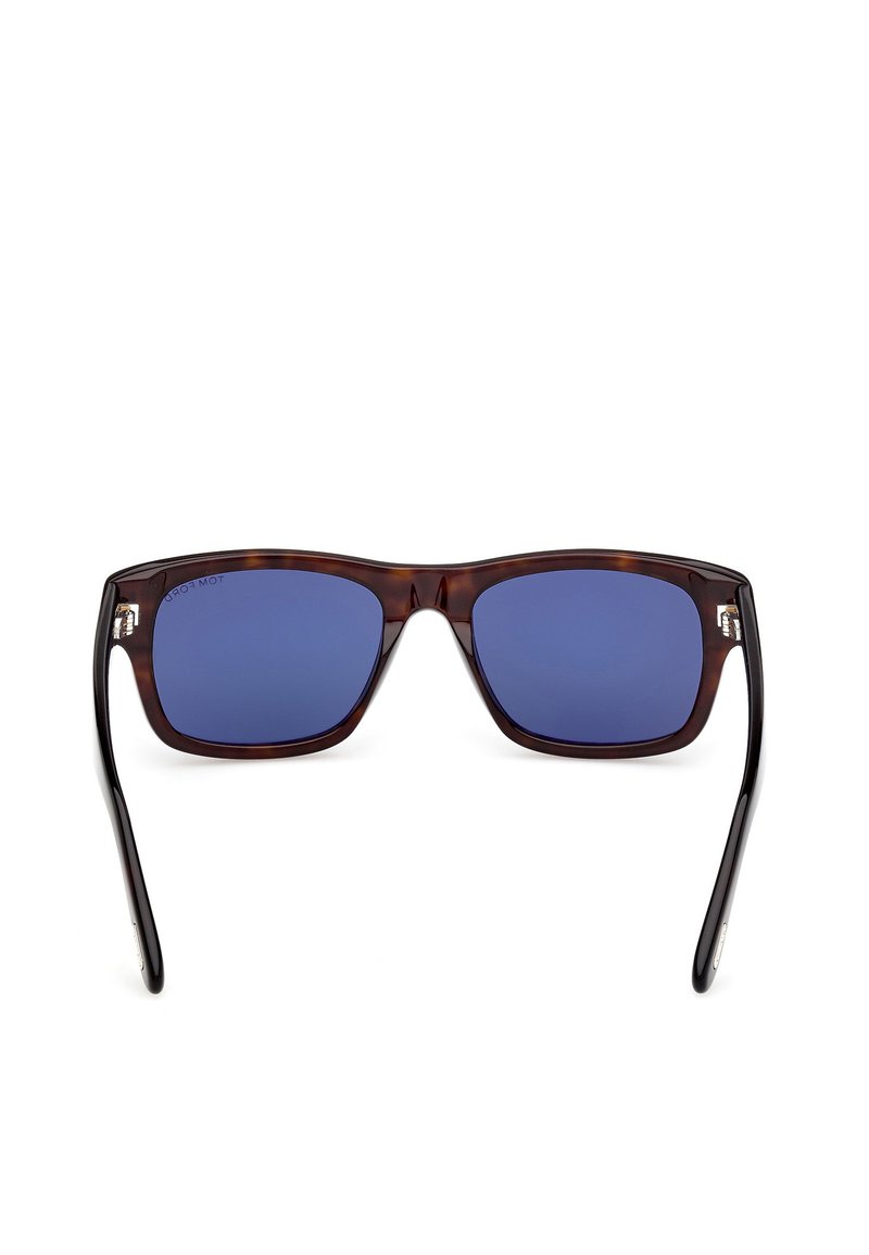 Square sunglasses with a dark tortoiseshell frame and blue lenses. Slim black arms and silver accents near the hinges.