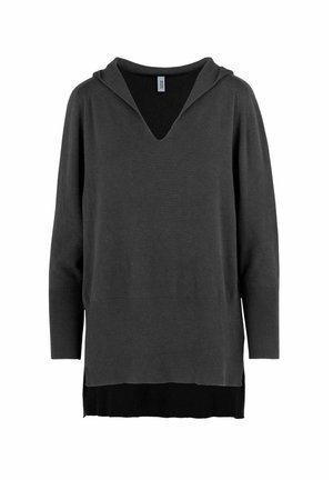 Grijze hoodie met V-hals, voorzien van een contrasterende donkerdere onderrand, ribbeltextuur en lange mouwen.