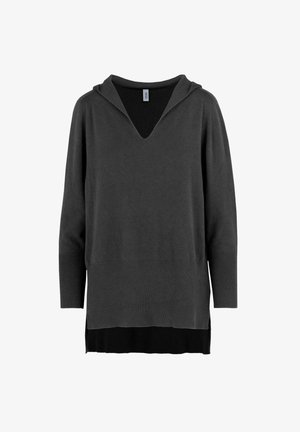 Grauer Kapuzenpullover mit V-Ausschnitt, der einen kontrastierenden dunkleren unteren Saum, gerippte Textur und lange Ärmel aufweist.