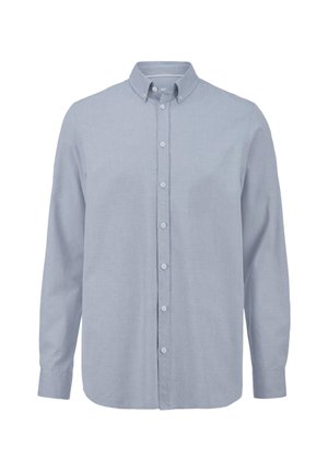 Hellblaue Button-Up-Hemd mit langen Ärmeln, Button-Down-Kragen, weicher Textur und einer Vorderleiste mit gleichmäßig verteilten Knöpfen.
