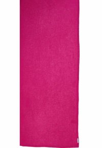 Sciarpa intrecciata di colore rosa, forma rettangolare, tessuto leggero, colore solido, senza motivi, con dettagli sul bordo discreti.