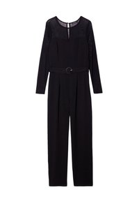 Combinaison noire à manches longues avec un bodice texturé, un col rond, une taille cintrée avec une ceinture et des pantalons évasés. Design simple et épuré.