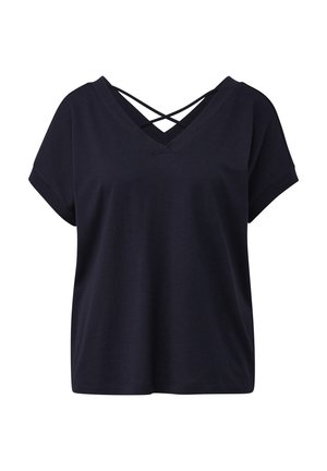 Navyblauwe korte mouw t-shirt met een V-hals en kruisdetails op de achterkant, gemaakt van zachte stof met een gladde textuur.