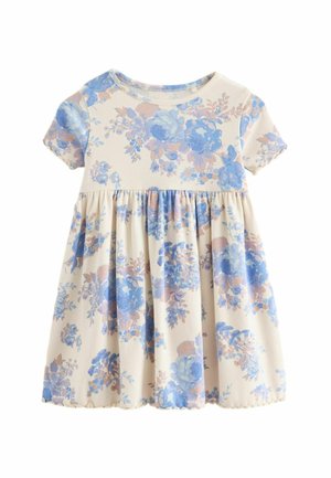 Robe courte de couleur crème pour tout-petit avec imprimé floral bleu et beige, manches courtes, encolure ronde et taille froncée.