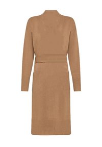 Vestito in maglia color marrone chiaro con colletto alto, maniche lunghe e una cintura in coordinato. Presenta una texture a coste e un orlo di lunghezza media.