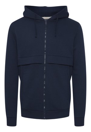 Tengerészeti kapucnis pulóver, puha anyagból készült, húzózsinórral ellátott kapucnival, elülső zsebekkel és bordázott mandzsettákkal. Egyszerű dizájn, diszkrét márkázással.