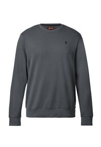 Sudadera gris oscuro de material suave, con cuello redondo, mangas largas y un pequeño logo negro en el pecho. Ajuste estándar.