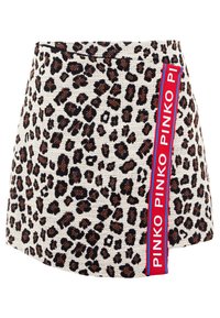 Mini sukně s leopardím potiskem, která má strukturovanou látku, přiléhavý střih a červenou boční nášivku s nápisem "PINKO" bílým písmem.