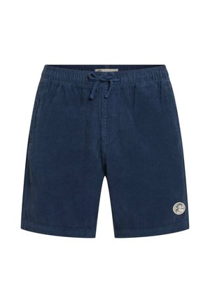 Pantaloncini in velluto a coste blu navy con vita elastica, chiusura con coulisse e toppa con logo circolare sulla gamba inferiore destra.