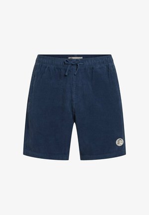 Navyblaue Cordhosen-Shorts mit elastischem Bund, Bindebandverschluss und einem runden Logo-Patch am unteren rechten Bein.