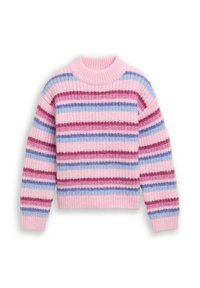 Pull en tricot avec des rayures horizontales en rose, rouge, bleu et lavande. Col et ourlet côtelés avec une finition douce et texturée.